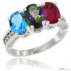 14K White Gold Natural Swiss Blue Topaz, Mystic Topaz & Ruby Ring 3-Stone 7x5 mm Oval Diamond Accent