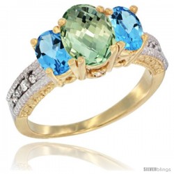 14k Yellow Gold Ladies Oval Natural Green Amethyst 3-Stone Ring with Swiss Blue Topaz Sides Diamond Accent