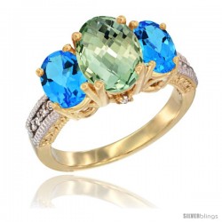 14K Yellow Gold Ladies 3-Stone Oval Natural Green Amethyst Ring with Swiss Blue Topaz Sides Diamond Accent