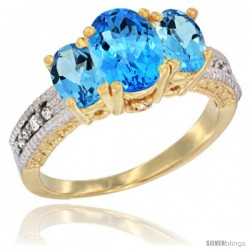 14k Yellow Gold Ladies Oval Natural Swiss Blue Topaz 3-Stone Ring Diamond Accent