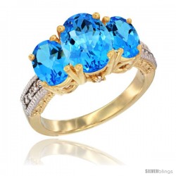 14K Yellow Gold Ladies 3-Stone Oval Natural Swiss Blue Topaz Ring Diamond Accent