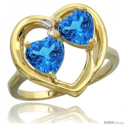 14k Yellow Gold 2-Stone Heart Ring 6mm Natural Swiss Blue & Swiss Blue Diamond Accent