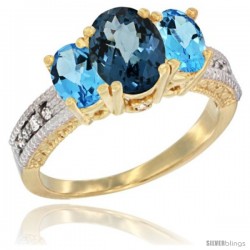 14k Yellow Gold Ladies Oval Natural London Blue Topaz 3-Stone Ring with Swiss Blue Topaz Sides Diamond Accent