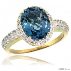 10k Yellow Gold Diamond London Blue Topaz Ring Oval Stone 10x8 mm 2.4 ct 1/2 in wide