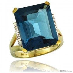 10k Yellow Gold Diamond London Blue Topaz Ring 12 ct Emerald Cut 16x12 stone 3/4 in wide