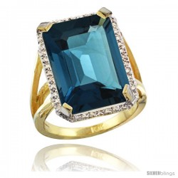 10k Yellow Gold Diamond London Blue Topaz Ring 14.96 ct Emerald shape 18x13 Stone 13/16 in wide