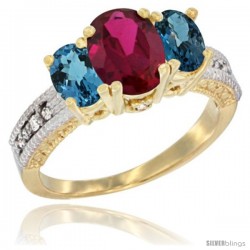 10K Yellow Gold Ladies Oval Natural Ruby 3-Stone Ring with London Blue Topaz Sides Diamond Accent