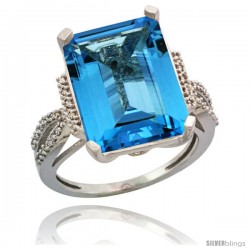 Sterling Silver Diamond Natural Swiss Blue Topaz Ring 12 ct Emerald Shape 16x12 Stone 3/4 in wide