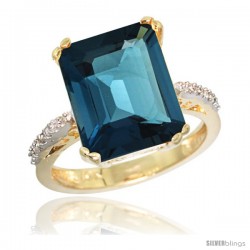 10k Yellow Gold Diamond London Blue Topaz Ring 5.83 ct Emerald Shape 12x10 Stone 1/2 in wide