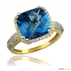 10k Yellow Gold Diamond Halo London Blue Topaz Ring Checkerboard Cushion 11 mm 5.85 ct 1/2 in wide