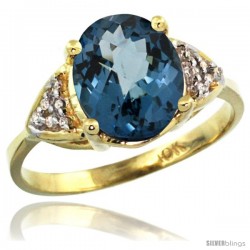 10k Yellow Gold Diamond London Blue Topaz Ring 2.40 ct Oval 10x8 Stone 3/8 in wide