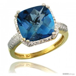 10k Yellow Gold Diamond London Blue Topaz Ring 5.94 ct Checkerboard Cushion 11 mm Stone 1/2 in wide