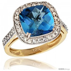 10k Yellow Gold Diamond Halo London Blue Topaz Ring Checkerboard Cushion 9 mm 2.4 ct 1/2 in wide