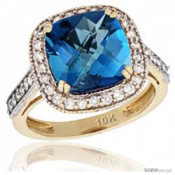 10k Yellow Gold Diamond Halo London Blue Topaz Ring Cushion Shape 10 mm 4.5 ct 1/2 in wide