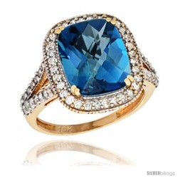 10k Yellow Gold Diamond Halo London Blue Topaz Ring Checkerboard Cushion 12x10 4.8 ct 3/4 in wide