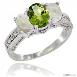 10K White Gold Ladies Oval Natural Peridot 3-Stone Ring with Opal Sides Diamond Accent