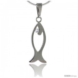 Stainless Steel Cut Out Christian Fish Pendant w/ Crystal Eye, 15/16 in tall, w/ 30 in Chain