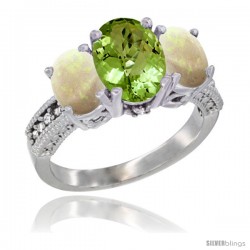 10K White Gold Ladies Natural Peridot Oval 3 Stone Ring with Opal Sides Diamond Accent