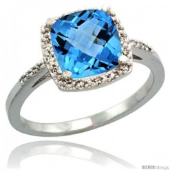 Sterling Silver Diamond Natural Swiss Blue Topaz Ring 2.08 ct Cushion cut 8 mm Stone 1/2 in wide