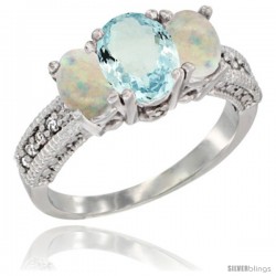 10K White Gold Ladies Oval Natural Aquamarine 3-Stone Ring with Opal Sides Diamond Accent