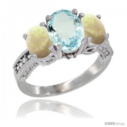 10K White Gold Ladies Natural Aquamarine Oval 3 Stone Ring with Opal Sides Diamond Accent