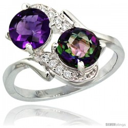 14k White Gold ( 7 mm ) Double Stone Engagement Amethyst & Mystic Topaz Ring w/ 0.05 Carat Brilliant Cut Diamonds & 2.34 Carats