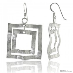 Sterling Silver Crinkled Squares Earrings Crystallized Finish, 1 3/16 in