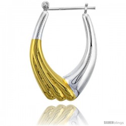 Sterling Silver Snap-down-post Hoop Earrings, w/ 2-Tone Gold Plate Accent, 1 3/8" (34 mm) tall -Style Tegz