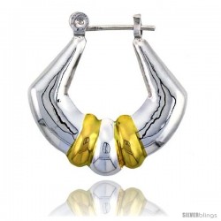 Sterling Silver Snap-down-post Hoop Earrings, w/ 2-Tone Gold Plate Accent, 1 1/16" (27 mm) tall