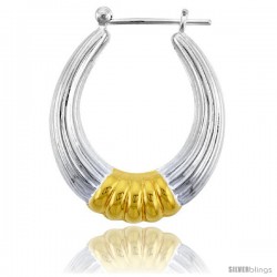 Sterling Silver Snap-down-post Hoop Earrings, w/ 2-Tone Gold Plate Accent, 1 3/16" (30 mm) tall -Style Teg109