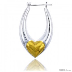 Sterling Silver Snap-down-post Hoop Heart Earrings, w/ Gold Plated Heart Accent, 1 7/16" (36 mm) tall