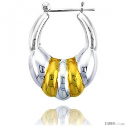 Sterling Silver Snap-down-post Hoop Earrings, w/ 2-Tone Gold Plate Accent, 1 3/16" (30 mm) tall -Style Teg112