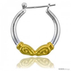 Sterling Silver Snap-down-post Rams Head Hoop Earrings, w/ 2-Tone Gold Plate Accent, 1 1/8" (28 mm) tall