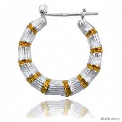 Sterling Silver Snap-down-post Bamboo Hoop Earrings, w/ 2-Tone Gold Plate Accent, 1" (26 mm) tall