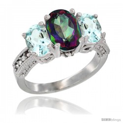 14K White Gold Ladies 3-Stone Oval Natural Mystic Topaz Ring with Aquamarine Sides Diamond Accent