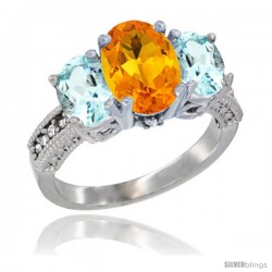 14K White Gold Ladies 3-Stone Oval Natural Citrine Ring with Aquamarine Sides Diamond Accent