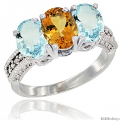 14K White Gold Natural Citrine & Aquamarine Sides Ring 3-Stone Oval 7x5 mm Diamond Accent