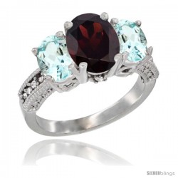 14K White Gold Ladies 3-Stone Oval Natural Garnet Ring with Aquamarine Sides Diamond Accent