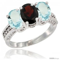 14K White Gold Natural Garnet & Aquamarine Sides Ring 3-Stone Oval 7x5 mm Diamond Accent