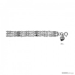 Sterling Silver Charm Bracelet w/ Triple Rows of Beads and Bars