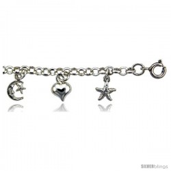 Sterling Silver Charm Bracelet w/ Dangling Stars, Hearts and Crescent Moon