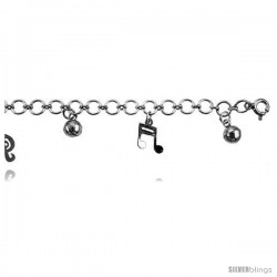 Sterling Silver Charm Bracelet w/ Dangling Musical Notes and Chime Balls