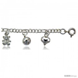 Sterling Silver Charm Bracelet w/ Dangling Teddy Bears, Hearts and Chime Balls