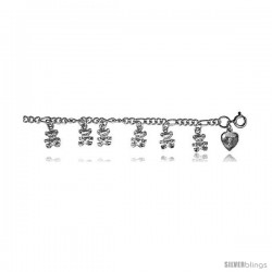 Sterling Silver Charm Bracelet w/ Dangling Teddy Bears