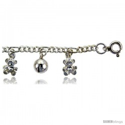 Sterling Silver Charm Bracelet w/ Dangling Teddy Bears and Chime Balls