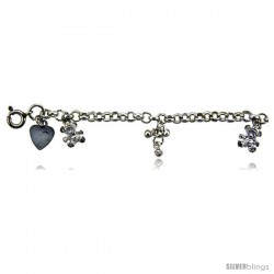 Sterling Silver Charm Bracelet w/ Dangling Teddy Bears and Clustered Beads