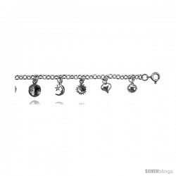 Sterling Silver Charm Bracelet w/ Hearts, Star and Crescent Moon