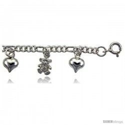 Sterling Silver Charm Bracelet w/ Hearts and Teddy Bears