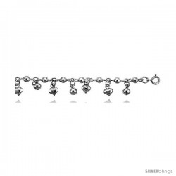 Sterling Silver Charm Bracelet w/ Beads and Chime Balls and Hearts