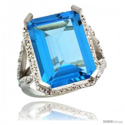 Sterling Silver Diamond Natural Swiss Blue Topaz Ring 14.96 ct Emerald Shape 18x13 Stone 13/16 in wide